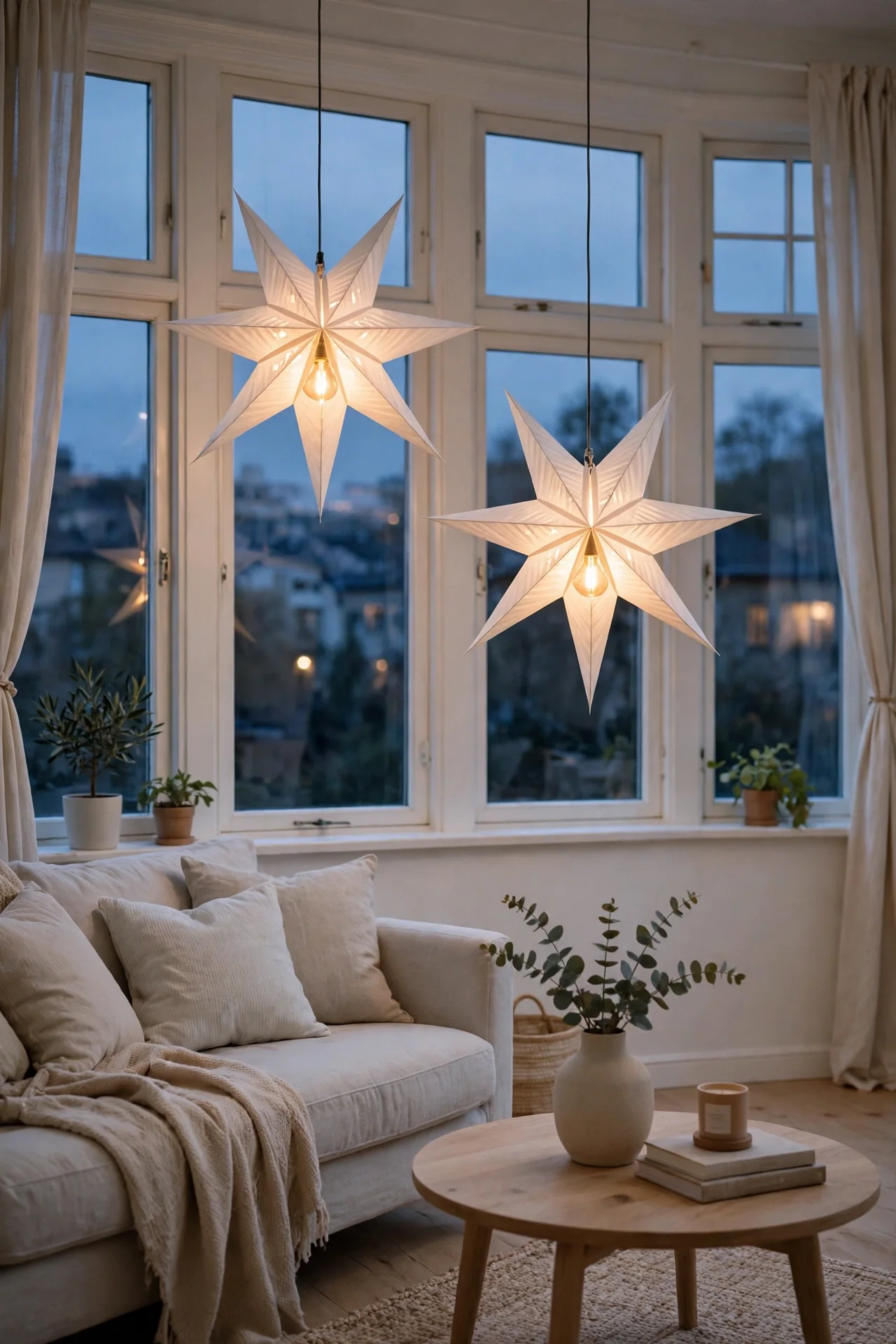 Paper Star Lanterns In The Windows christmas paper star lanterns window