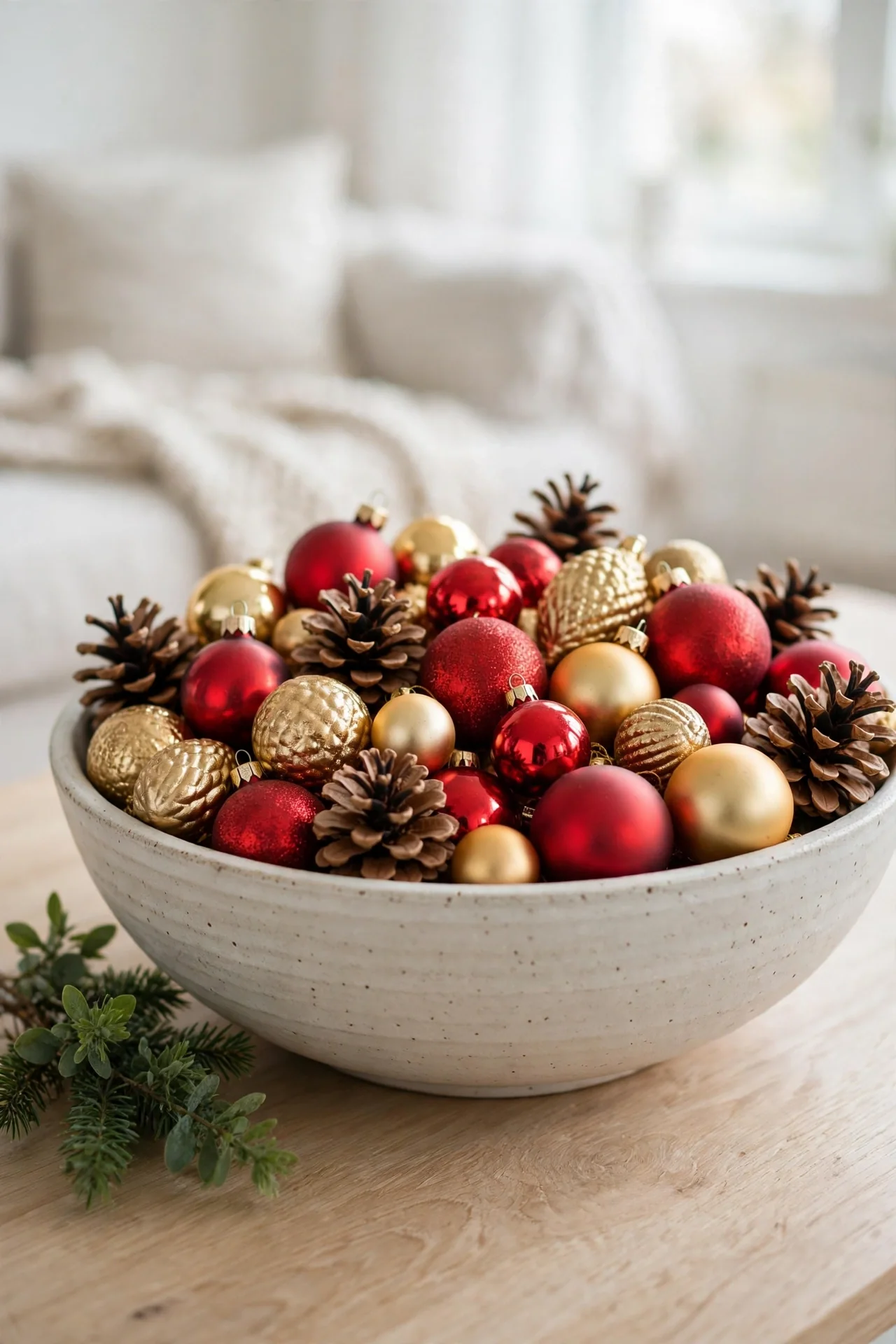 A Bowl Of Ornaments On The Coffee Table christmas ornaments in bowl coffee table