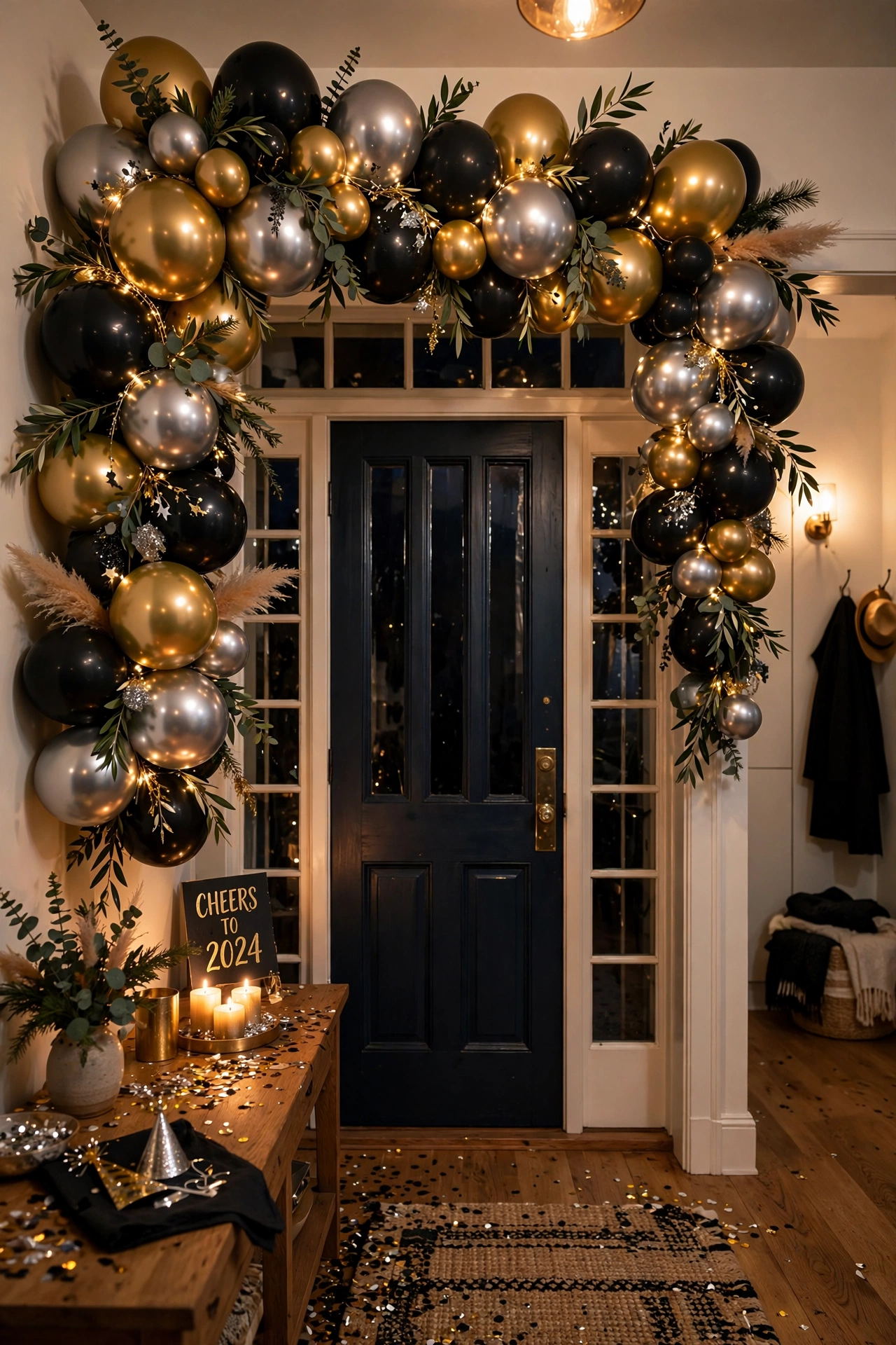 gold balloon garland arch new years eve party entrance
