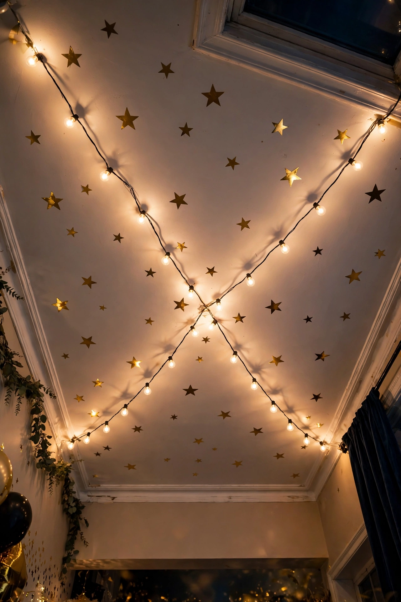 gold star ceiling decorations string lights new year