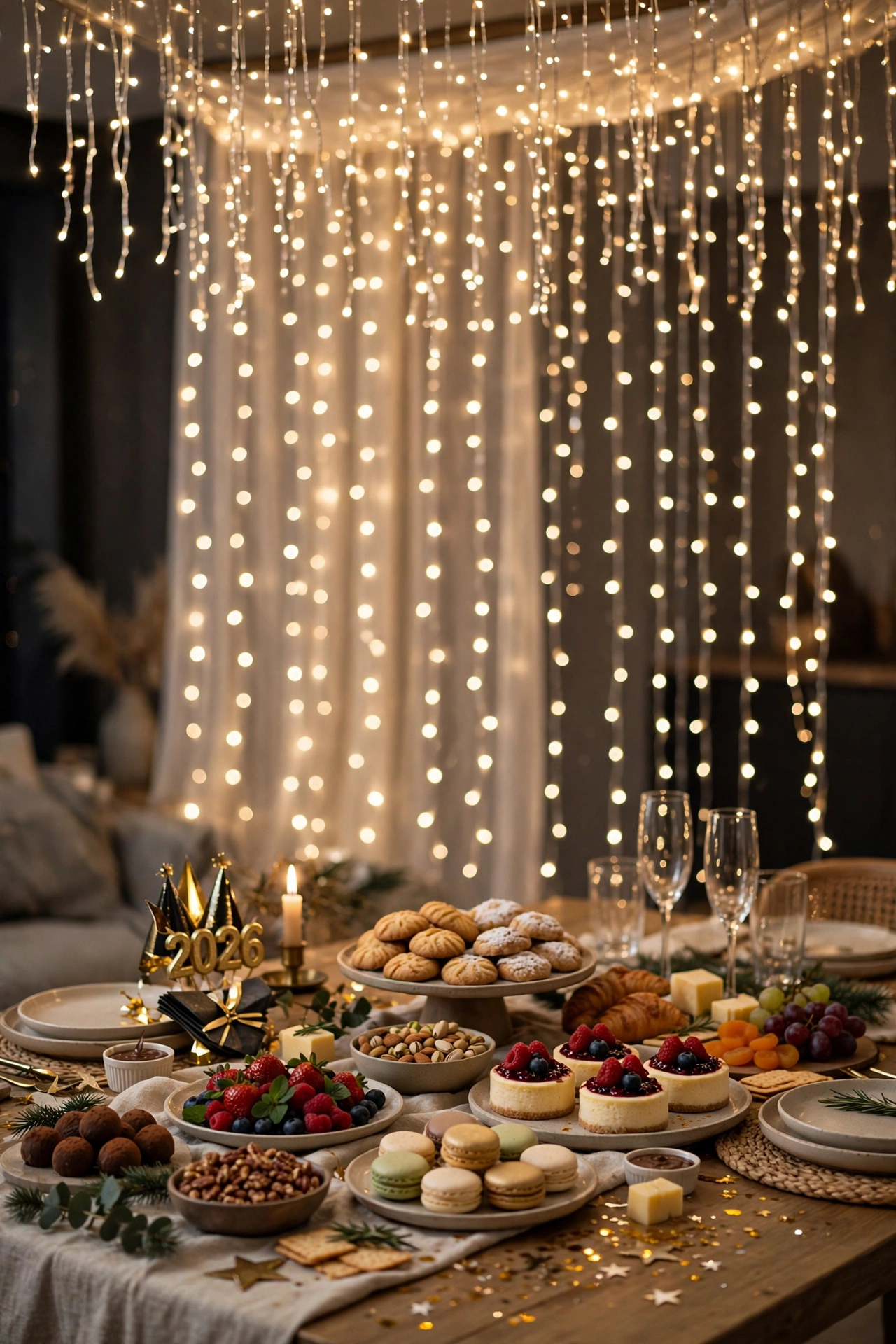 twinkle light canopy over dessert table new years eve