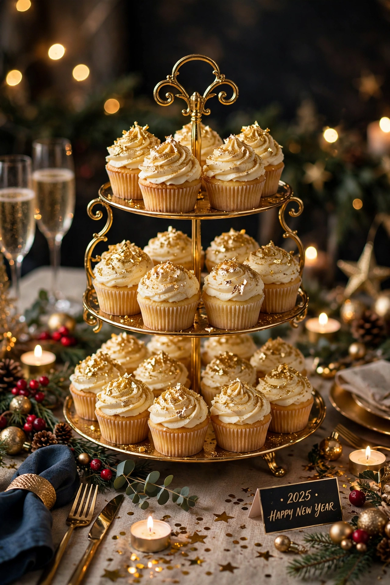 gold dusted cupcakes dessert table new years eve