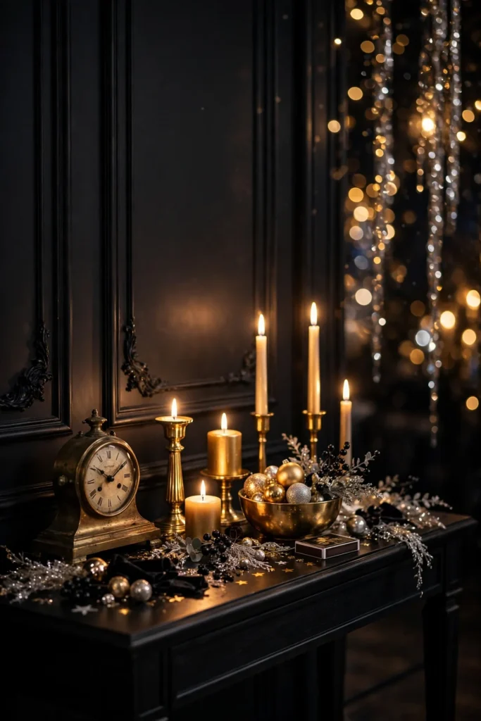 entryway console candles clock new years eve decor