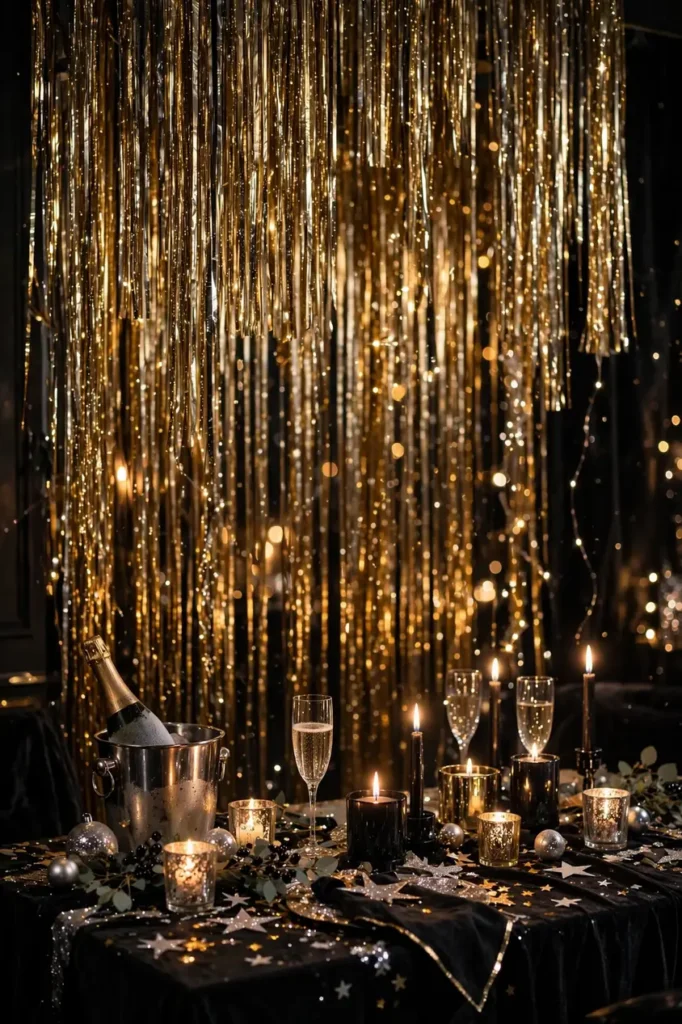 gold shimmer curtain backdrop nye party