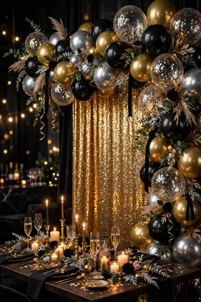 balloon garland gold black silver backdrop