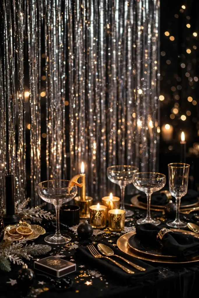 tinsel fringe wall drinks table backdrop