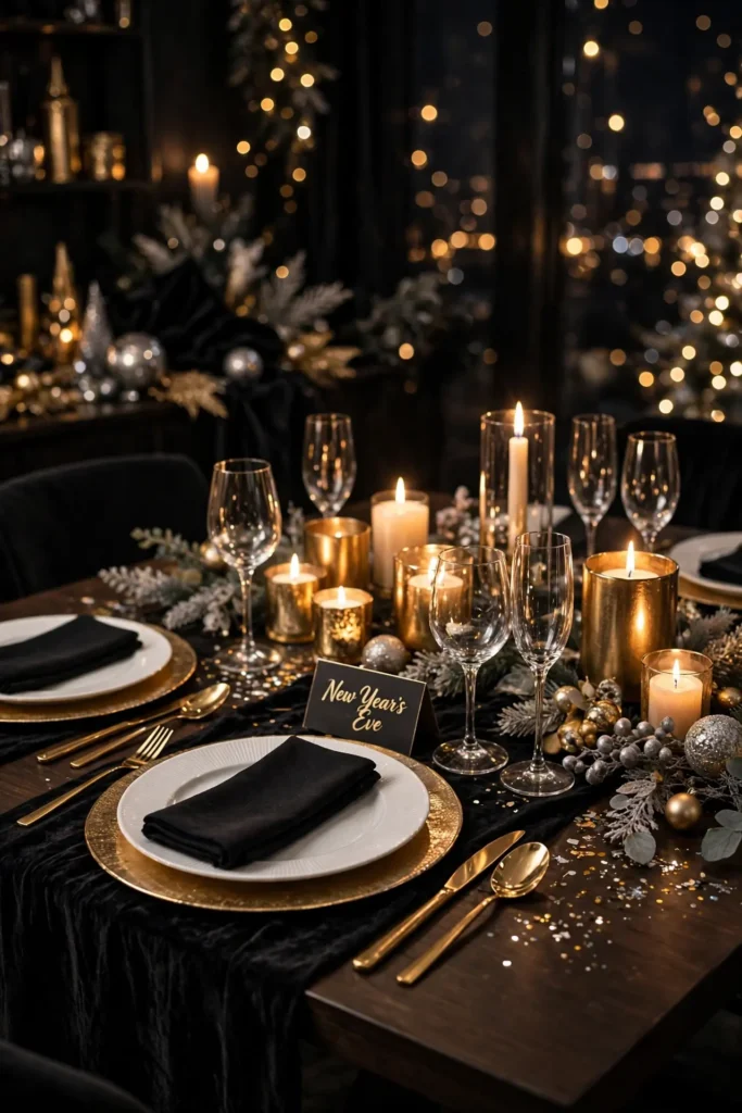 black gold new years eve table setting
