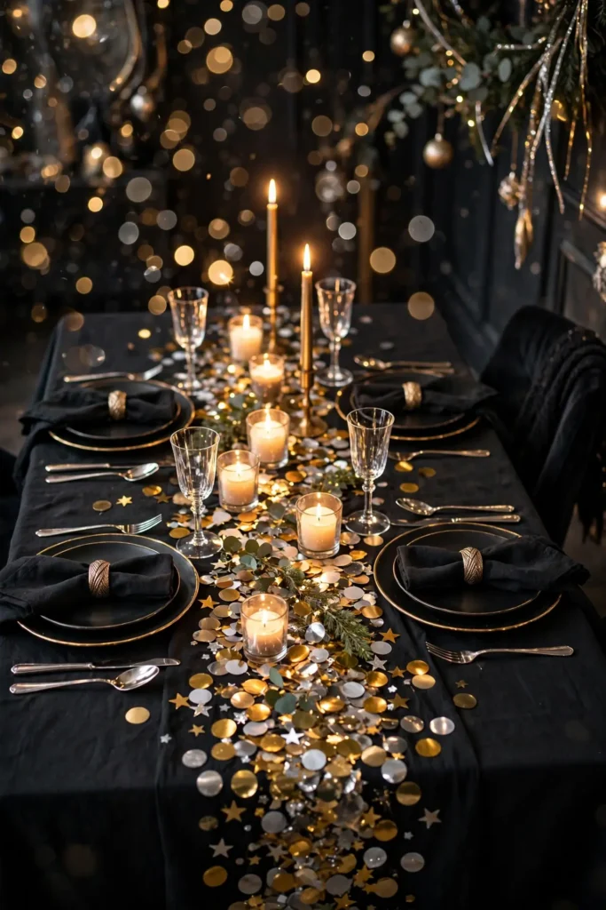 gold confetti table runner nye table