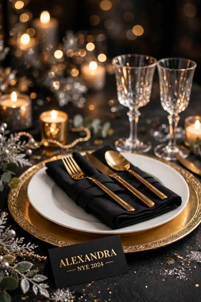 gold flatware place setting nye dinner