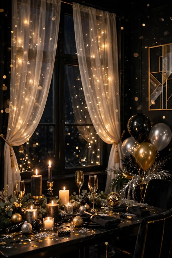 fairy lights curtains window nye party
