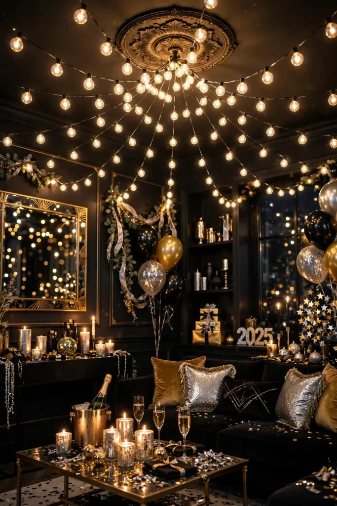 string light canopy living room new years eve