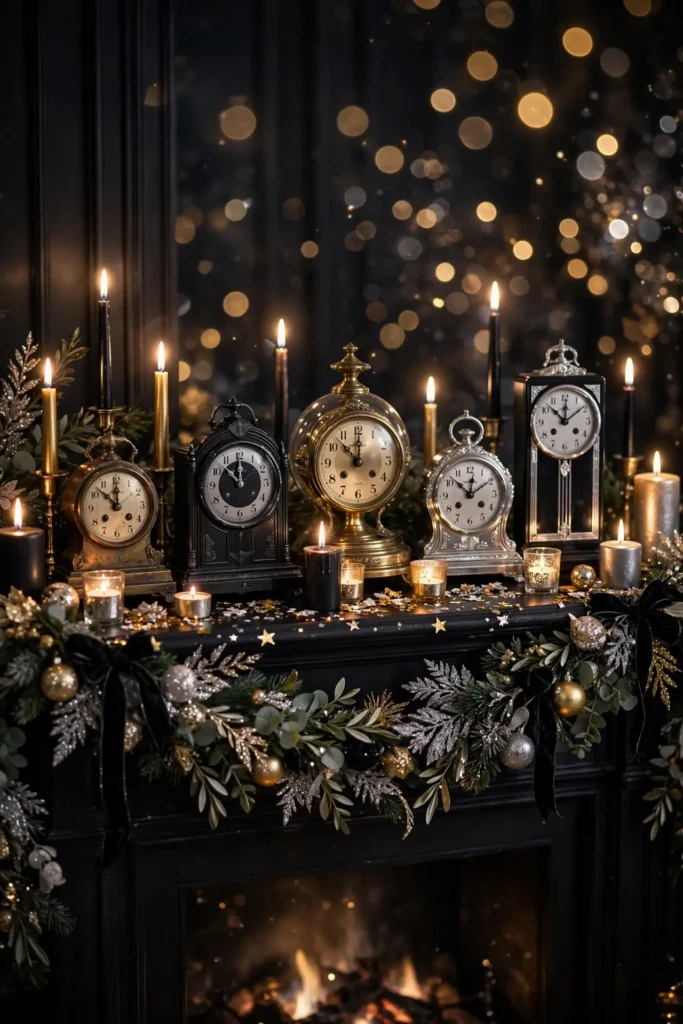 vintage clocks mantel new years eve decor