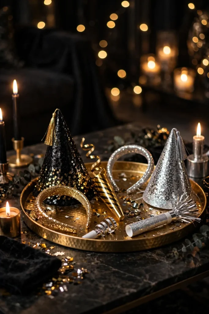 party hats noisemakers display tray nye