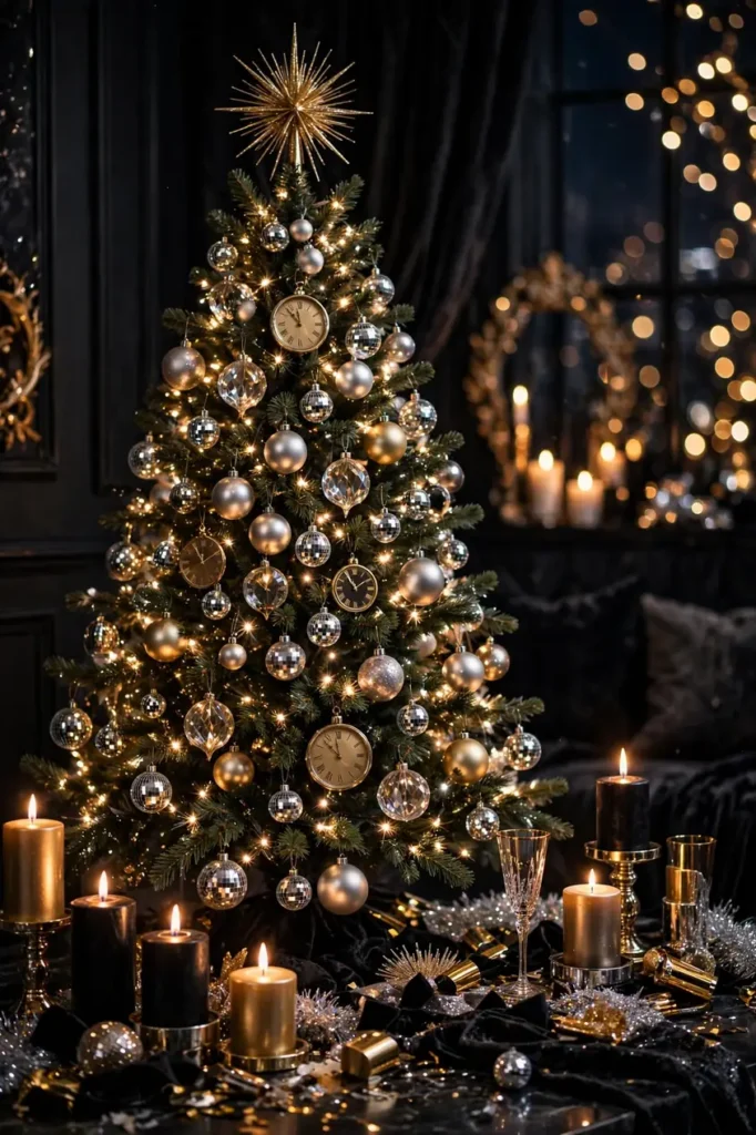 new years tree silver gold ornaments