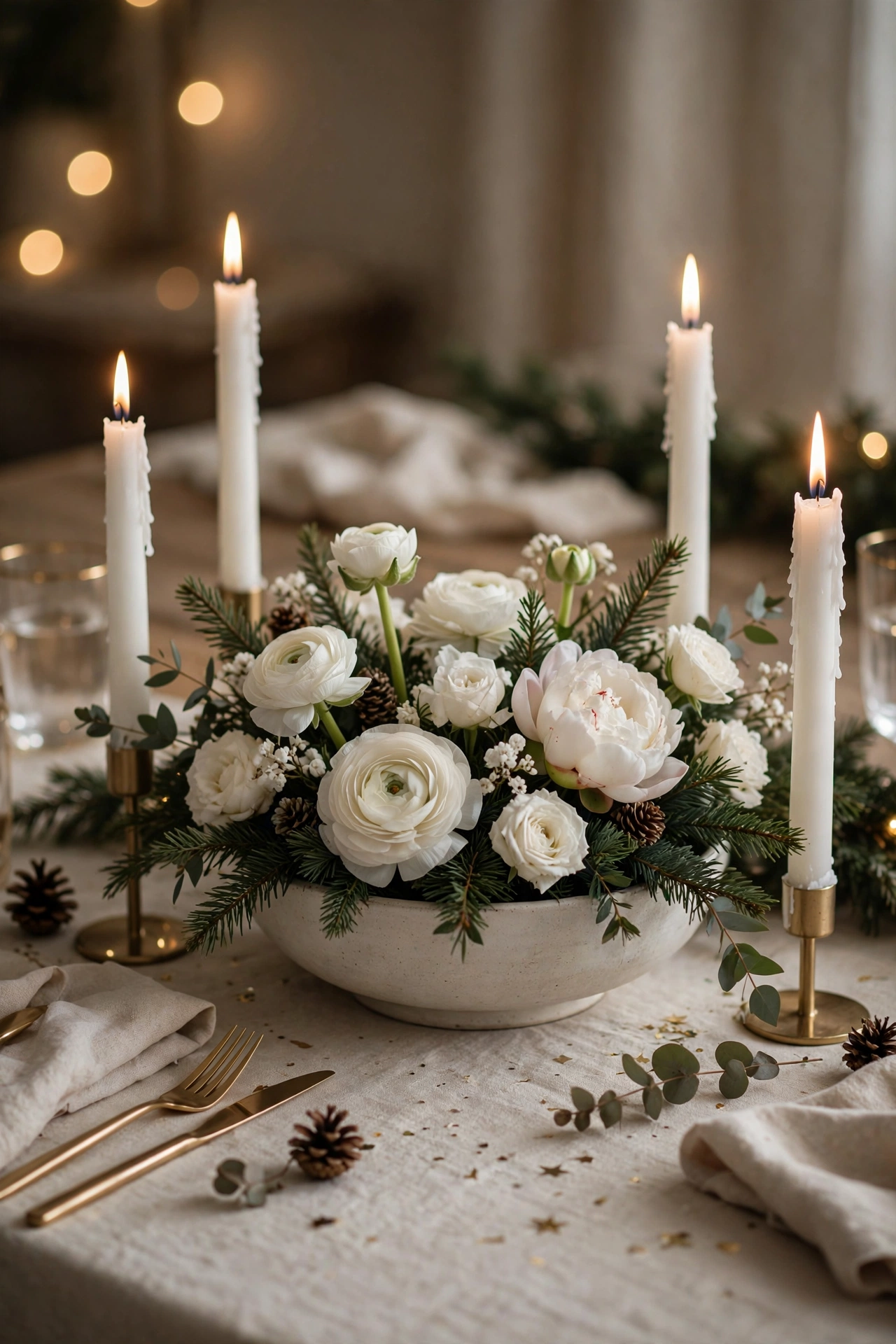 new year table decor white flower and greenery centerpiece