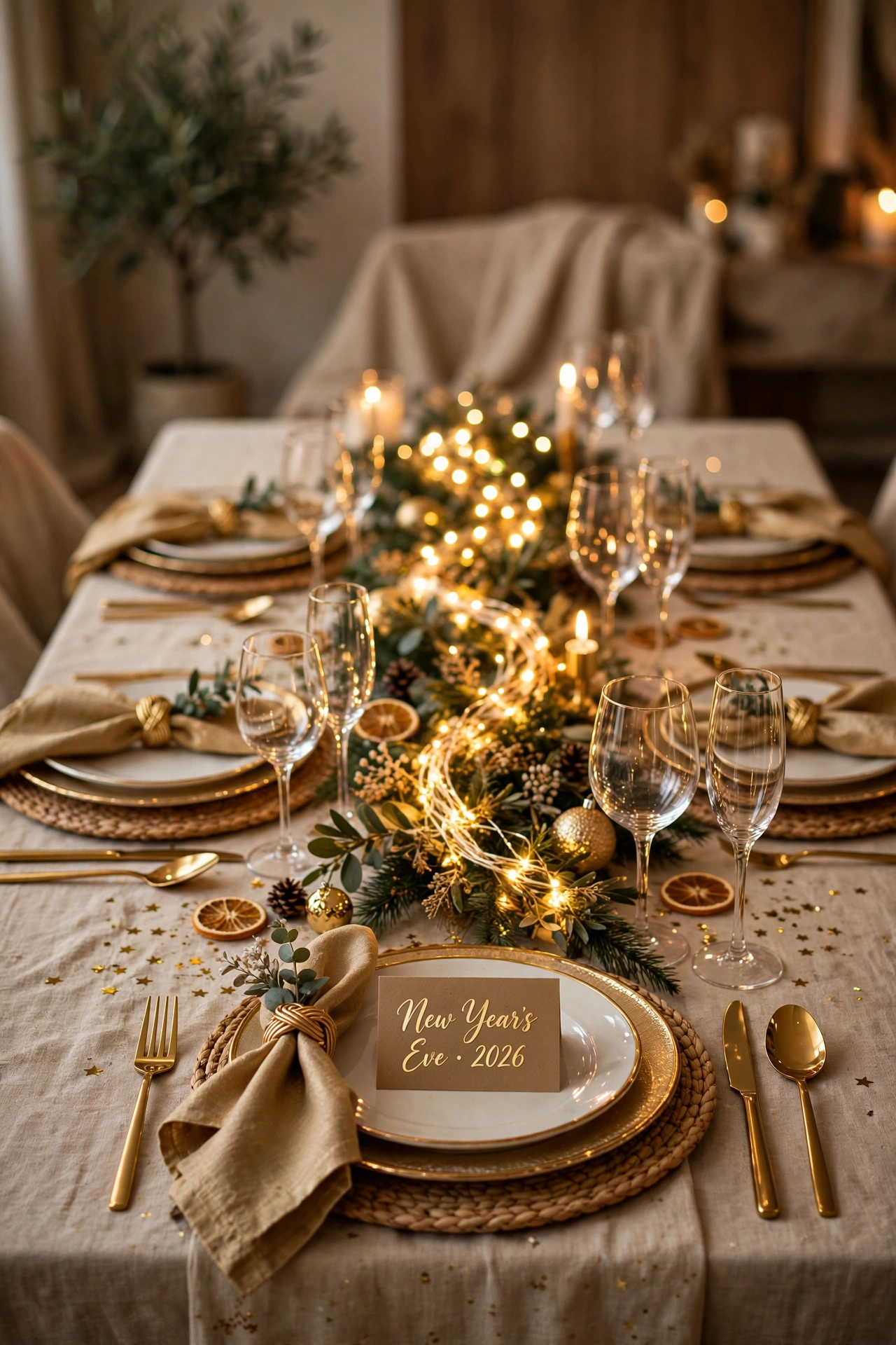 new year table decor fairy light garland down table