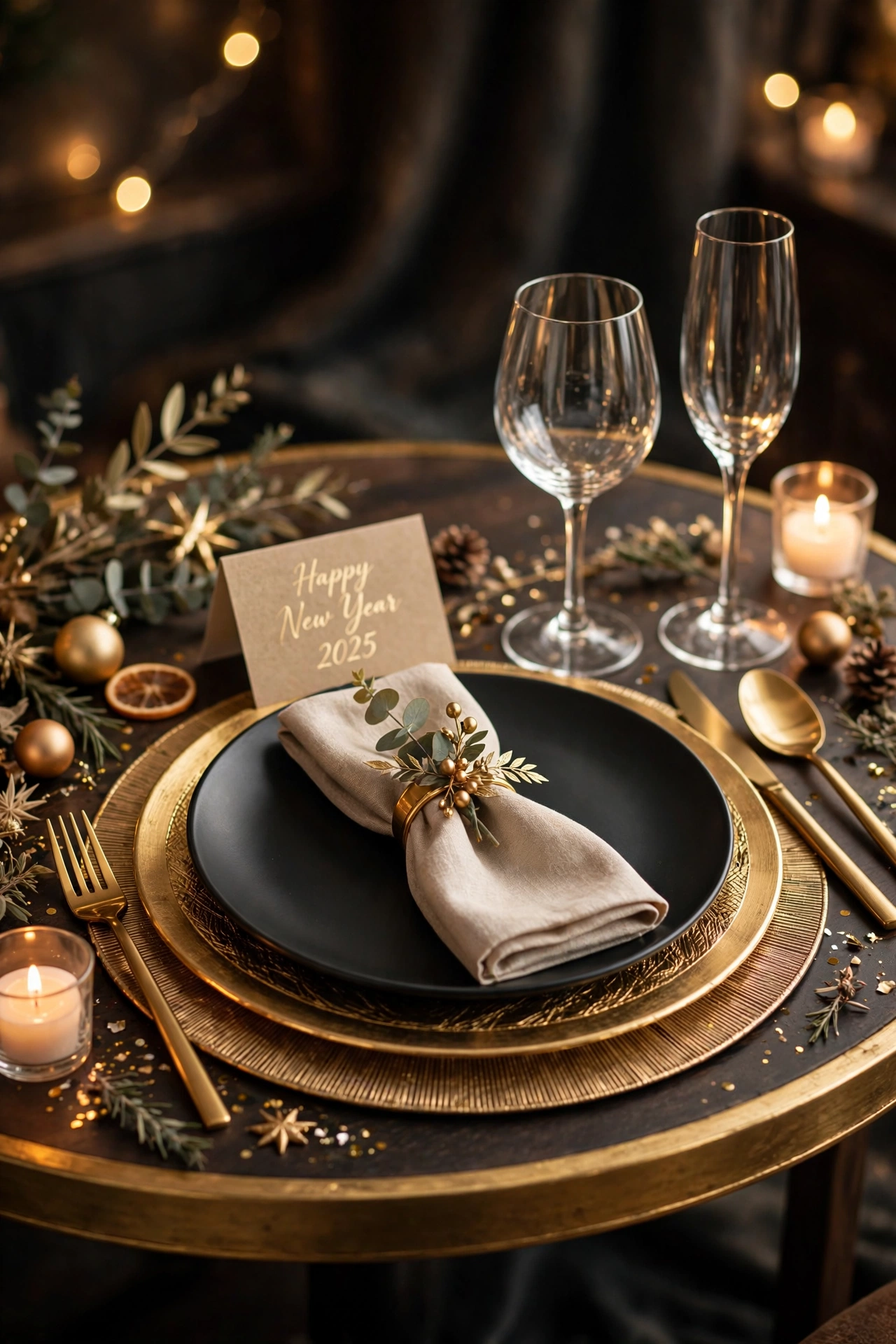 new year table decor gold charger and black plate place setting