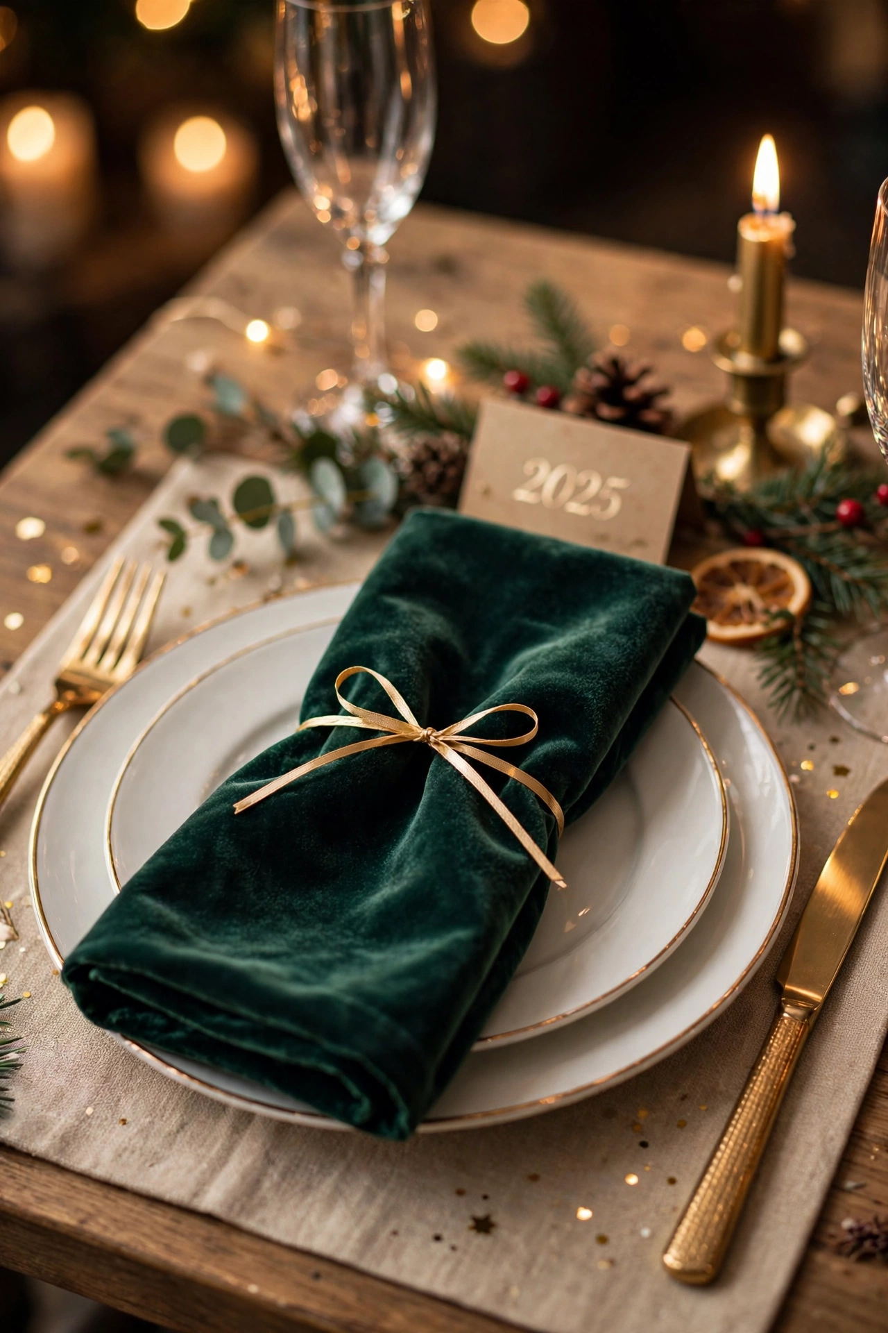 new year table decor velvet napkin tied with ribbon