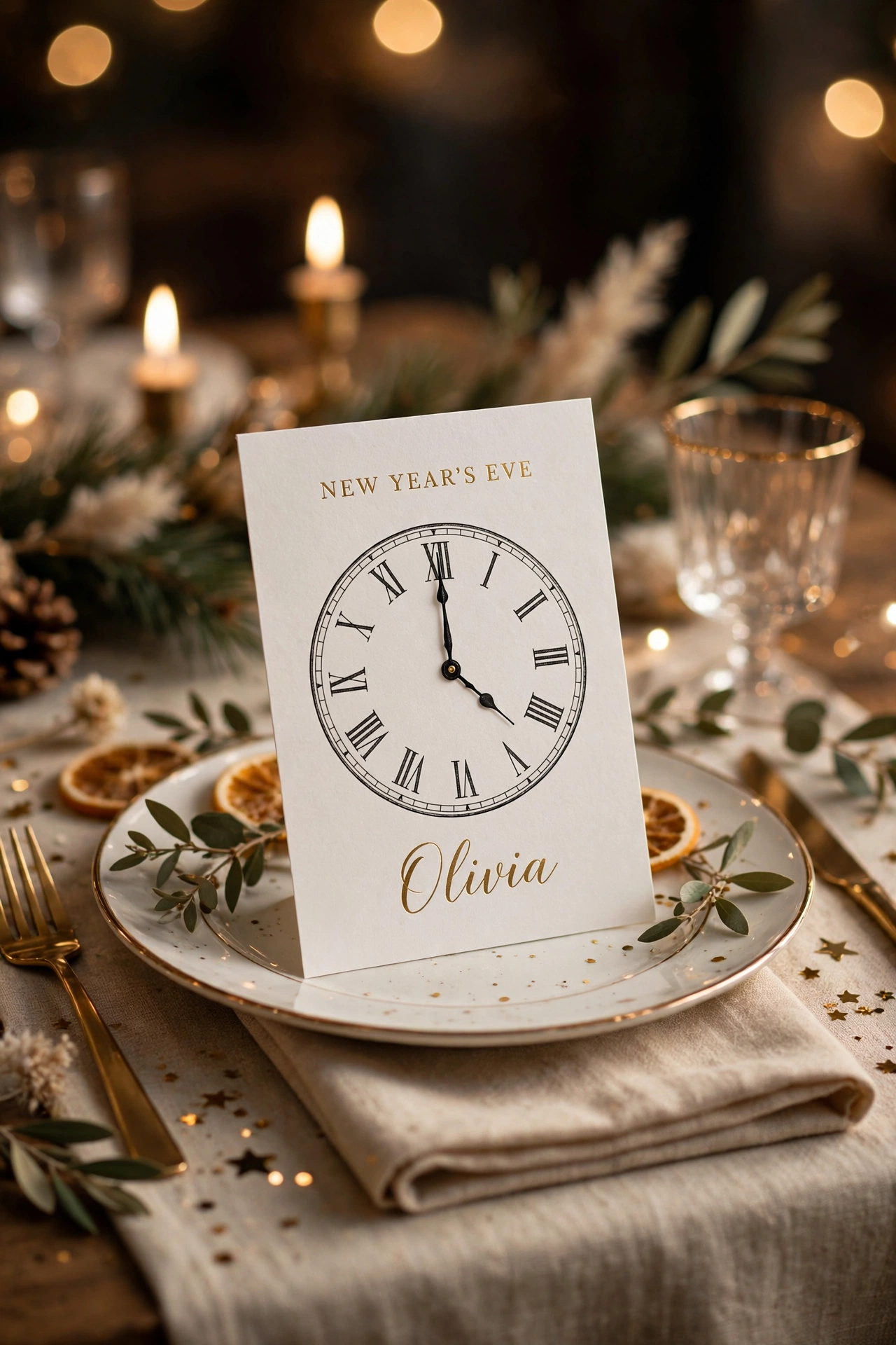 new year table decor clock face place cards