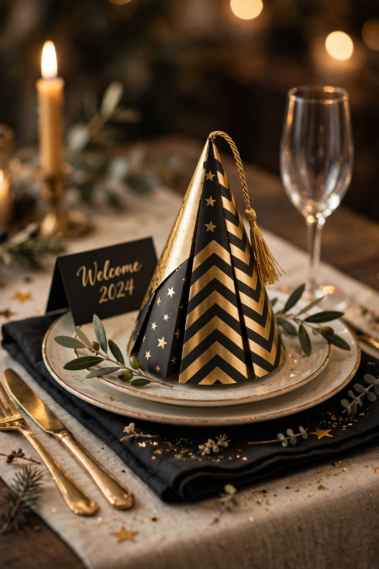 new year table decor party hat on plate place setting