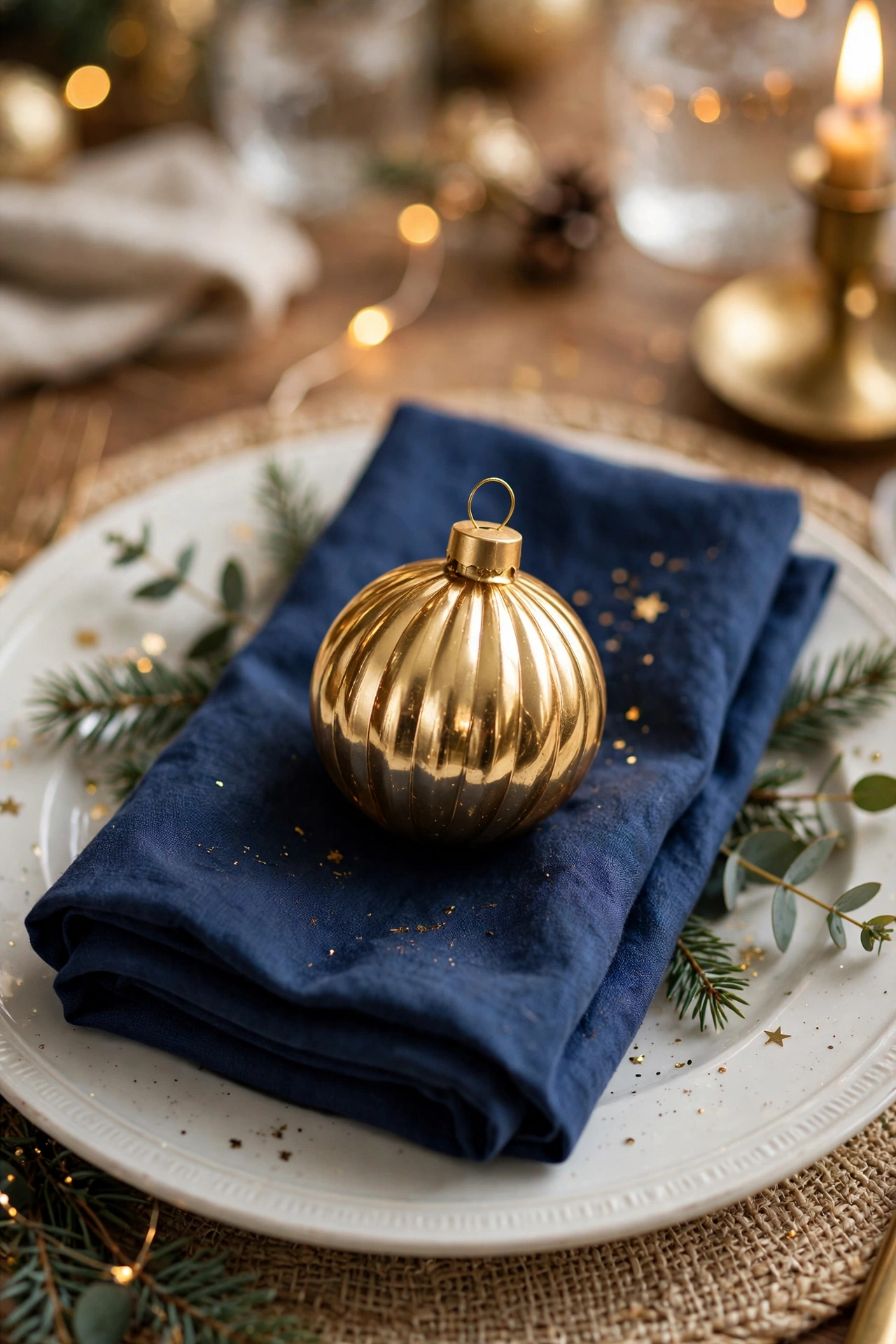 new year table decor gold ornament on dinner plate
