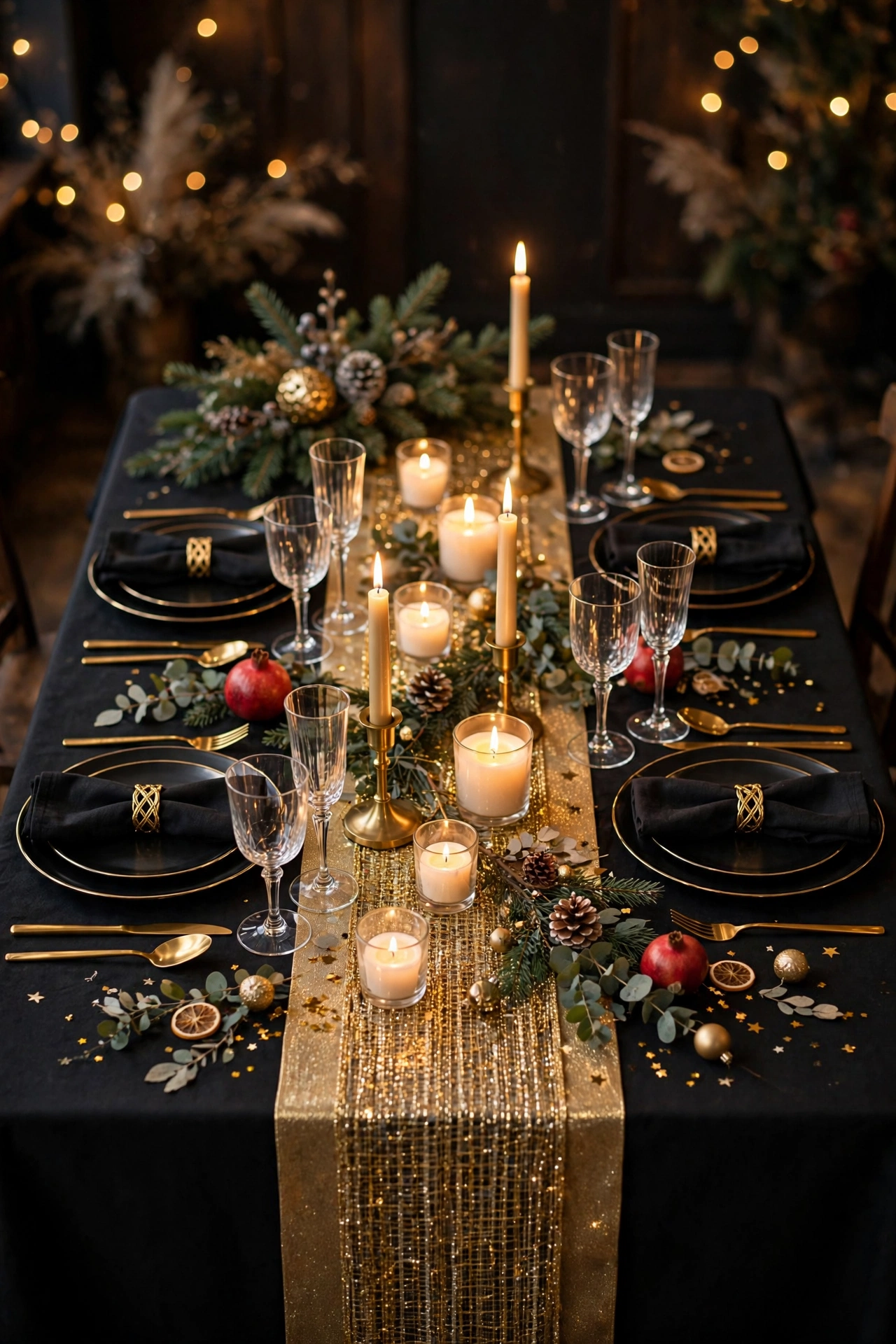 new year table decor black tablecloth with gold runner