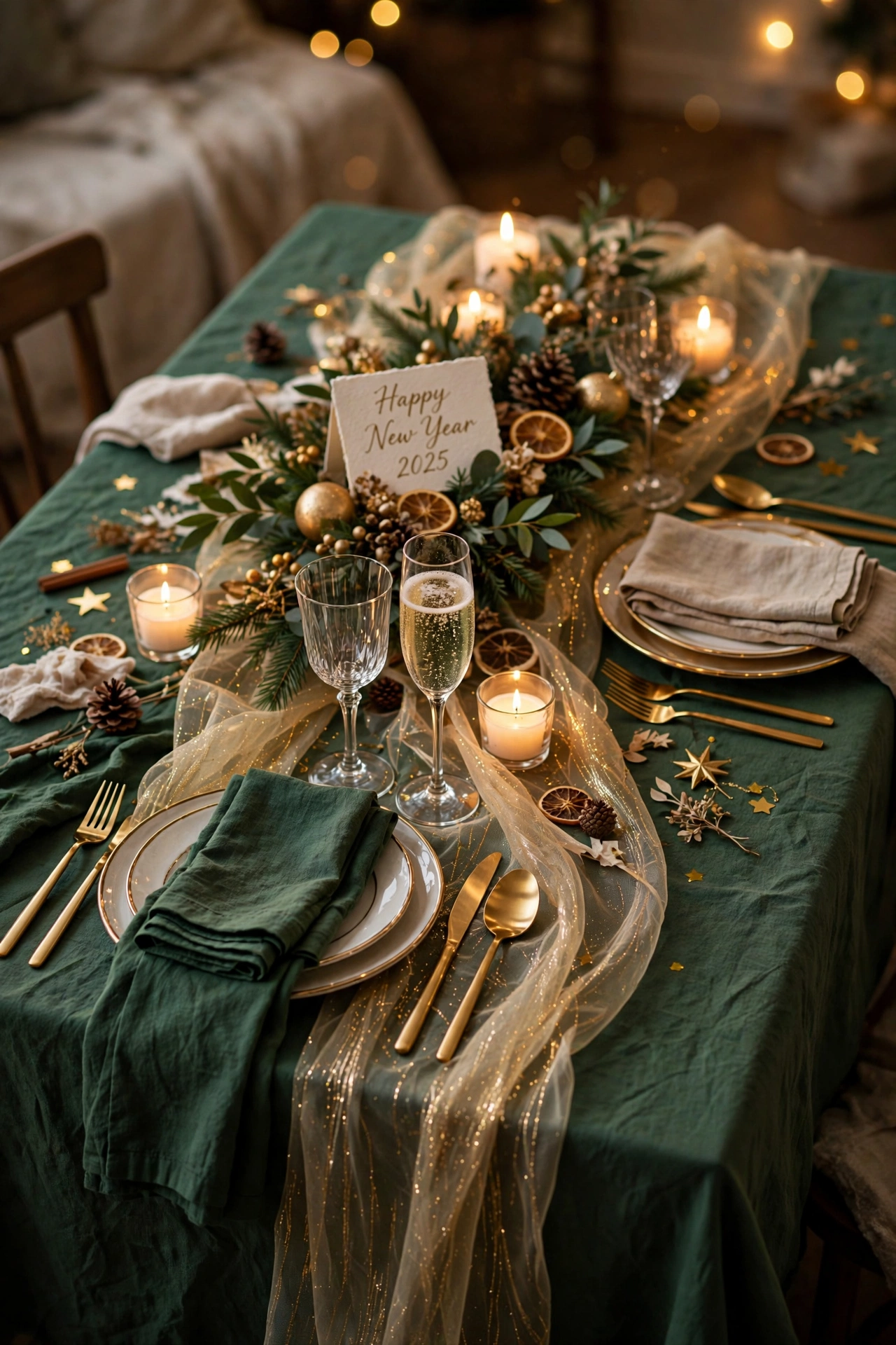 new year table decor layered tablecloth and sheer overlay
