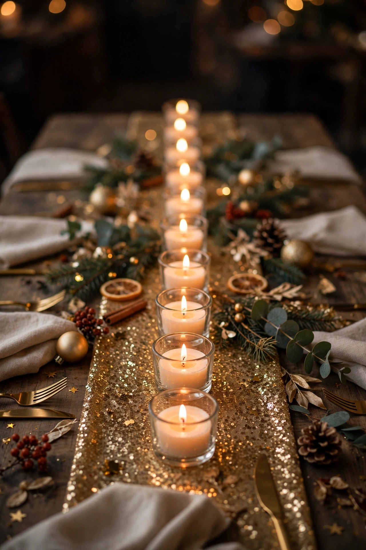 new year table decor tea lights along table runner