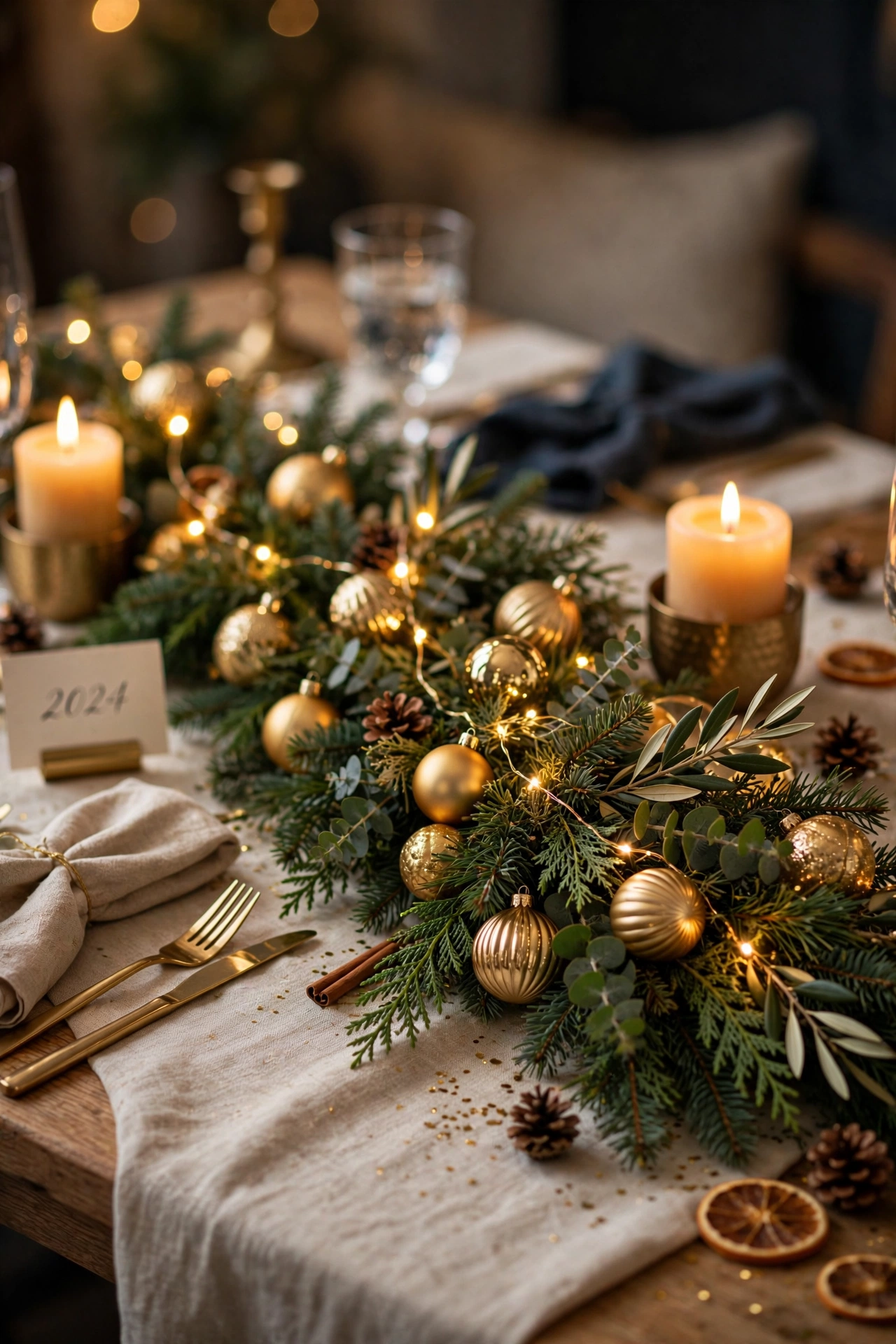new year table decor evergreen and gold garland centerpiece