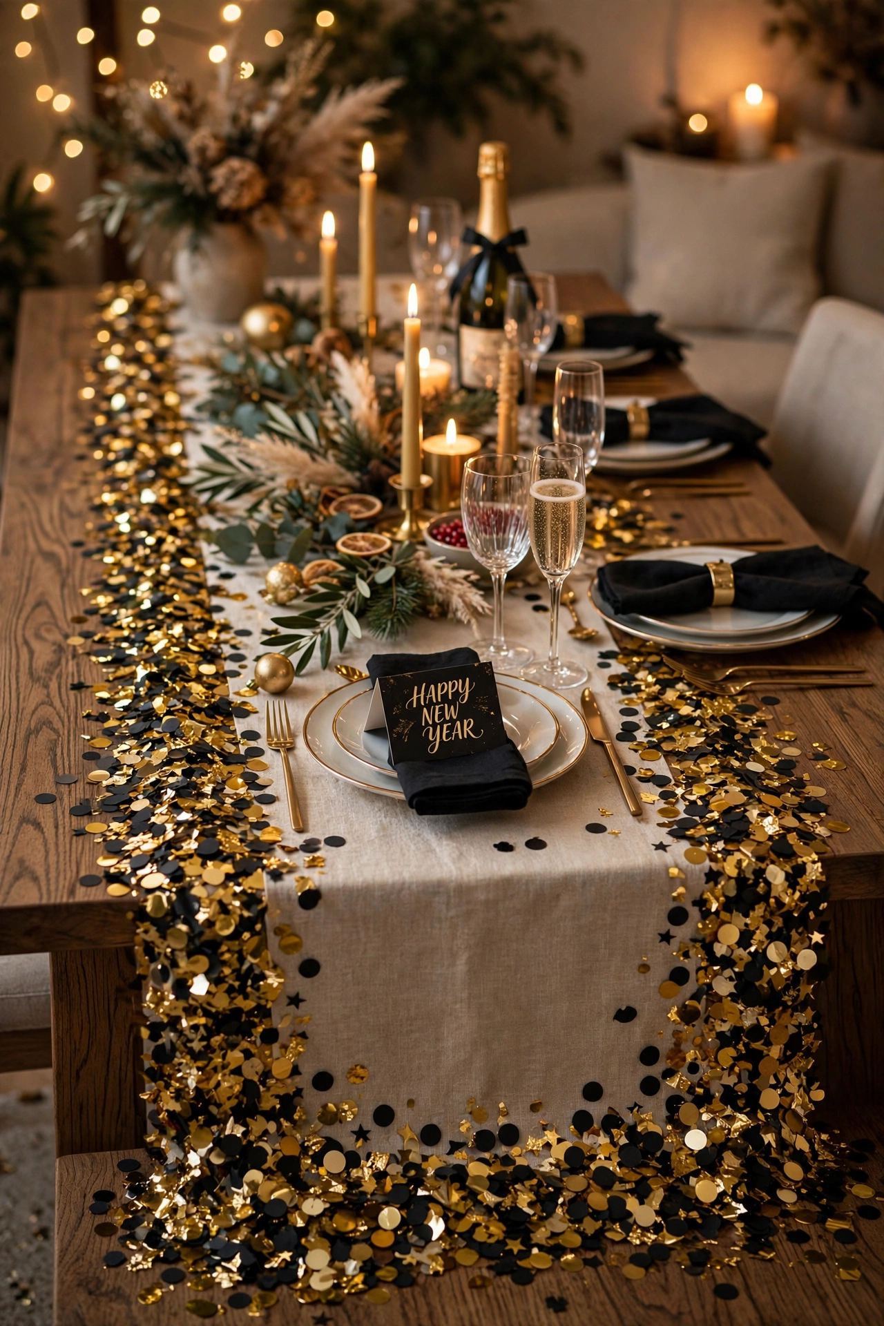 new year table decor confetti border on table runner