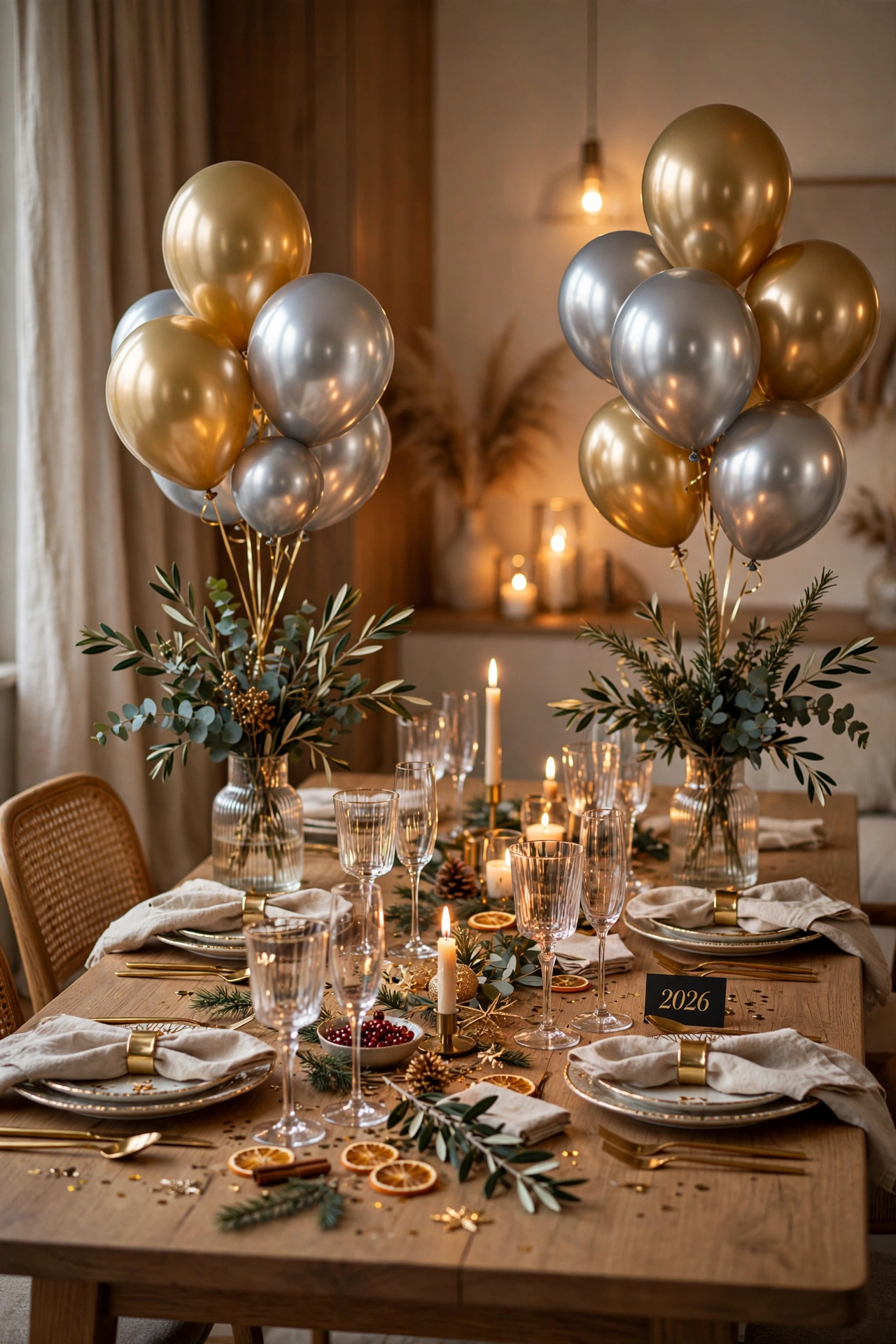 new year table decor gold balloon anchors at table ends