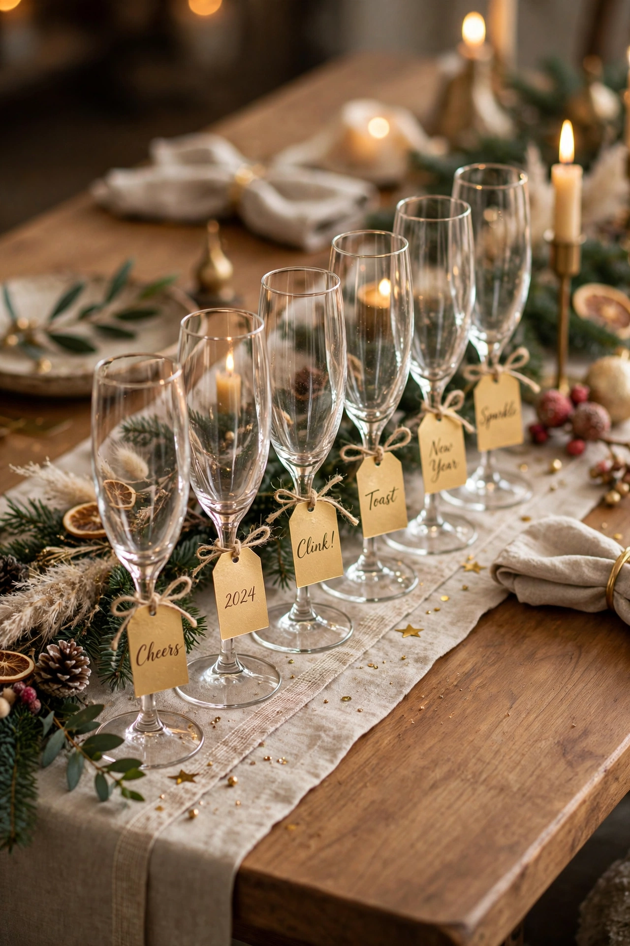new year table decor glasses with gold countdown tags