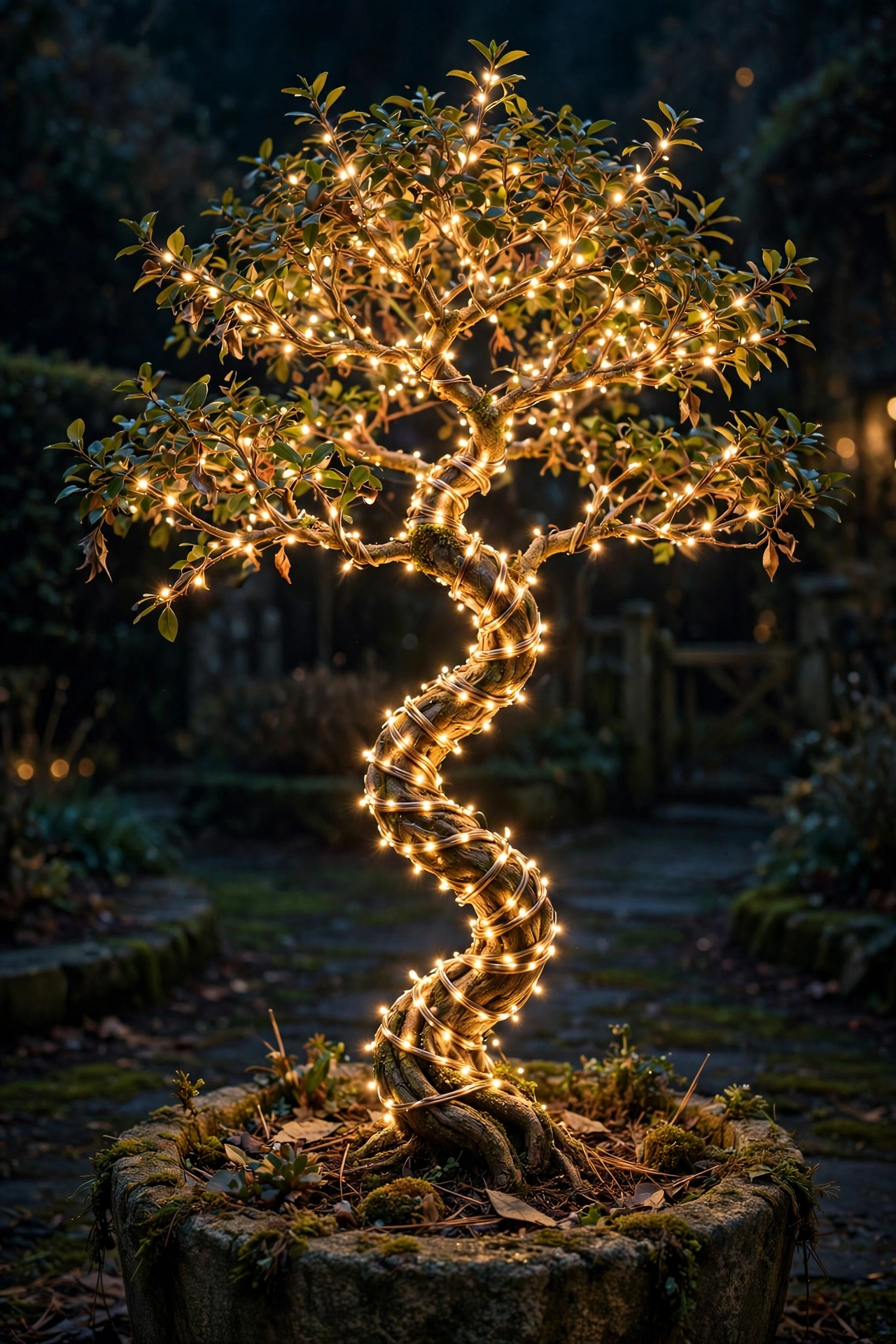 spiral christmas lights tree trunk outdoor