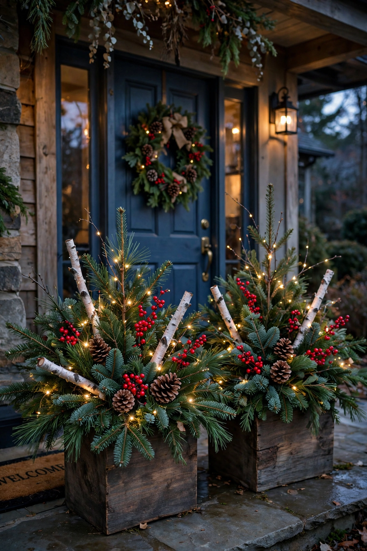 christmas porch planters evergreen red berries