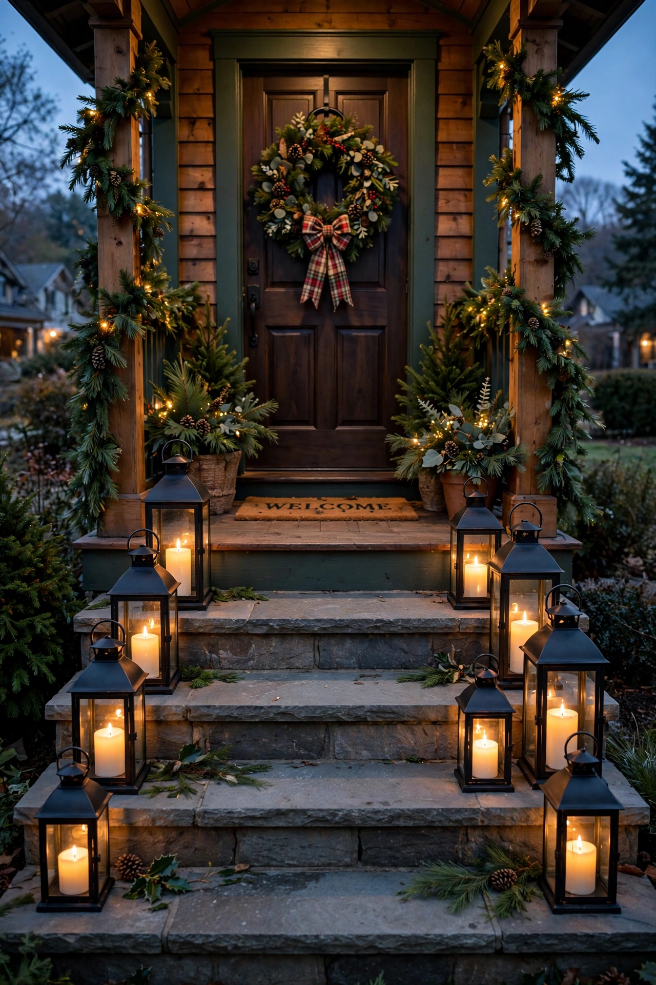 outdoor christmas lanterns porch steps