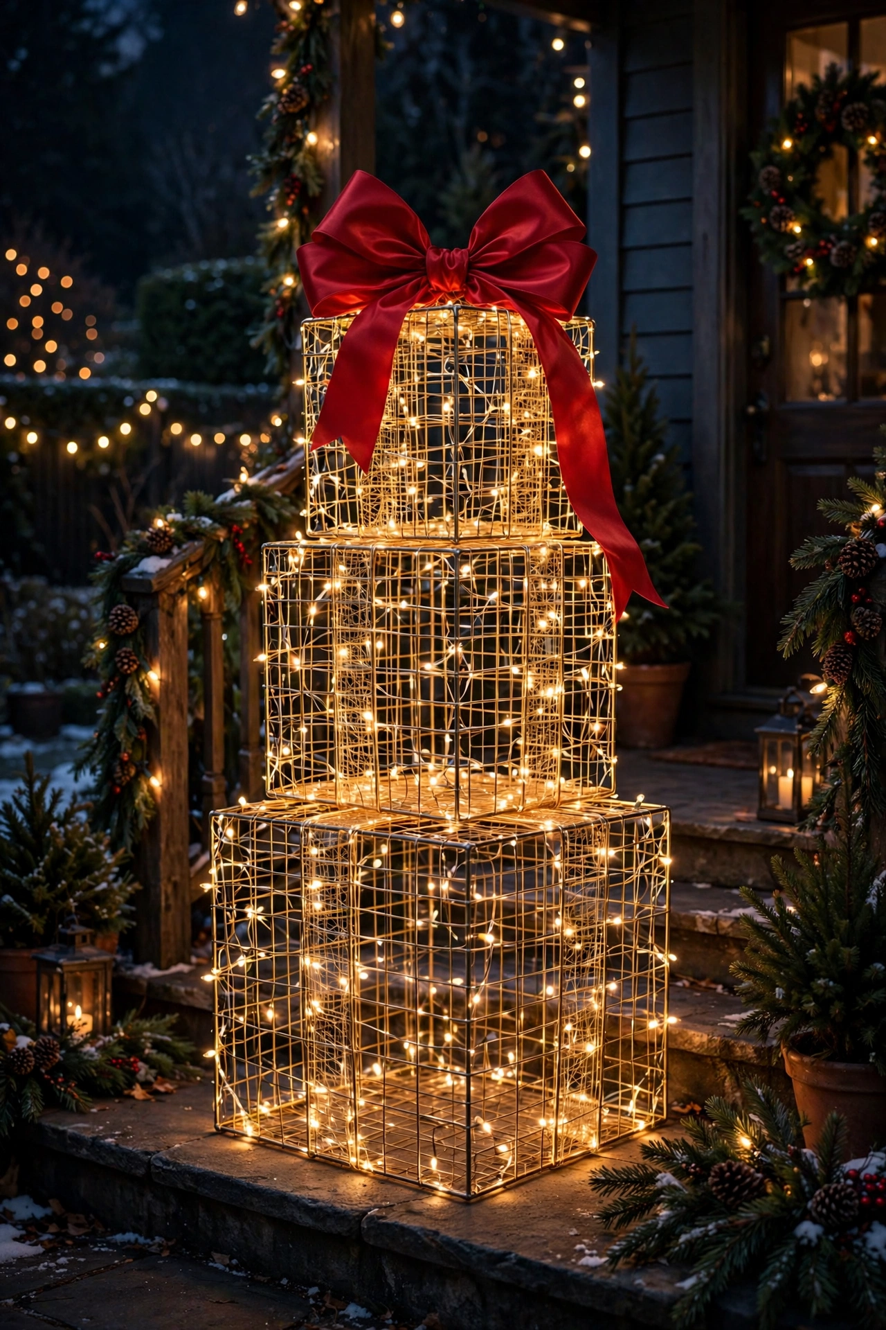 outdoor christmas presents yard boxes lights