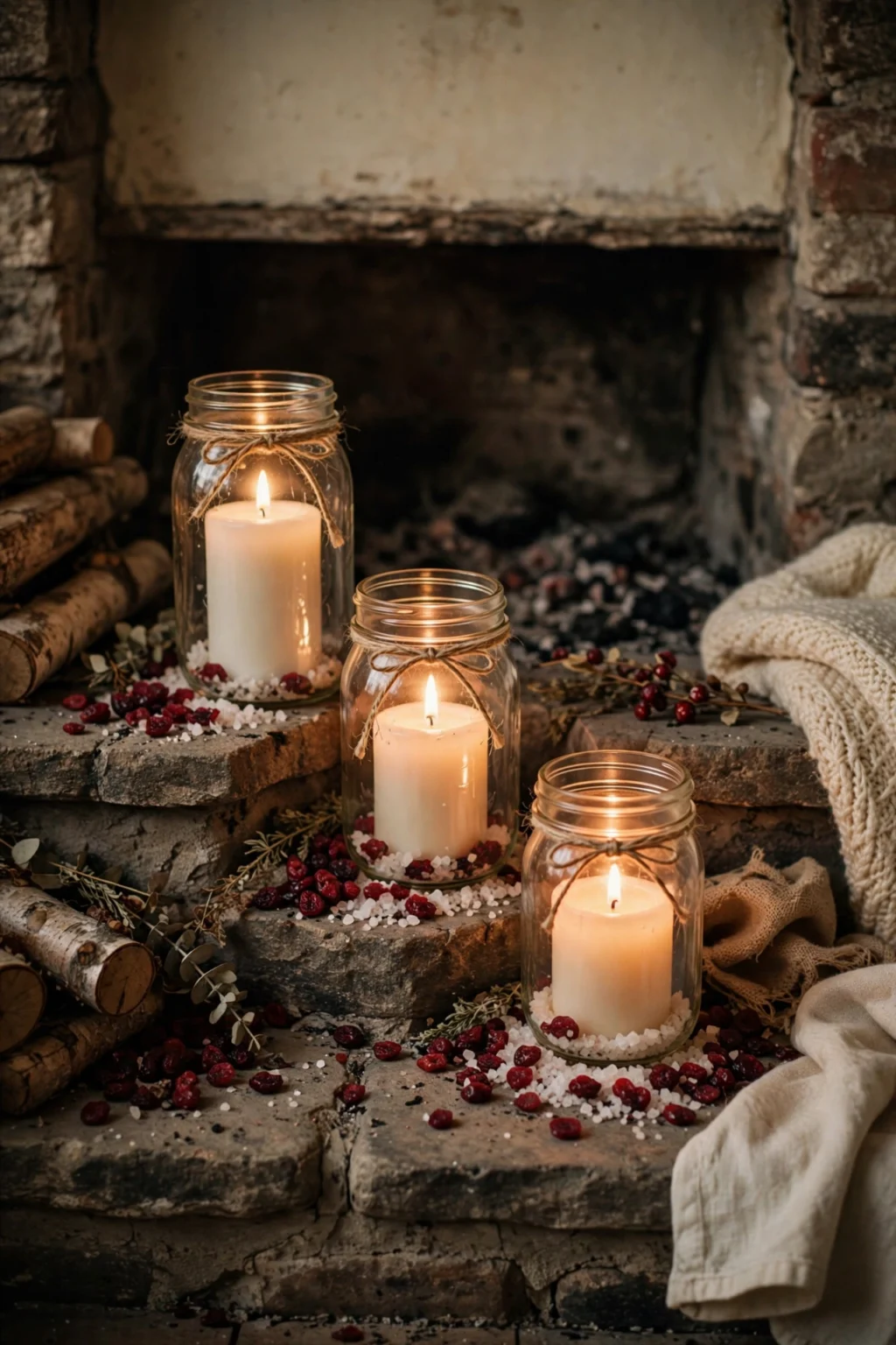 mason jar candles christmas mantel rustic glow