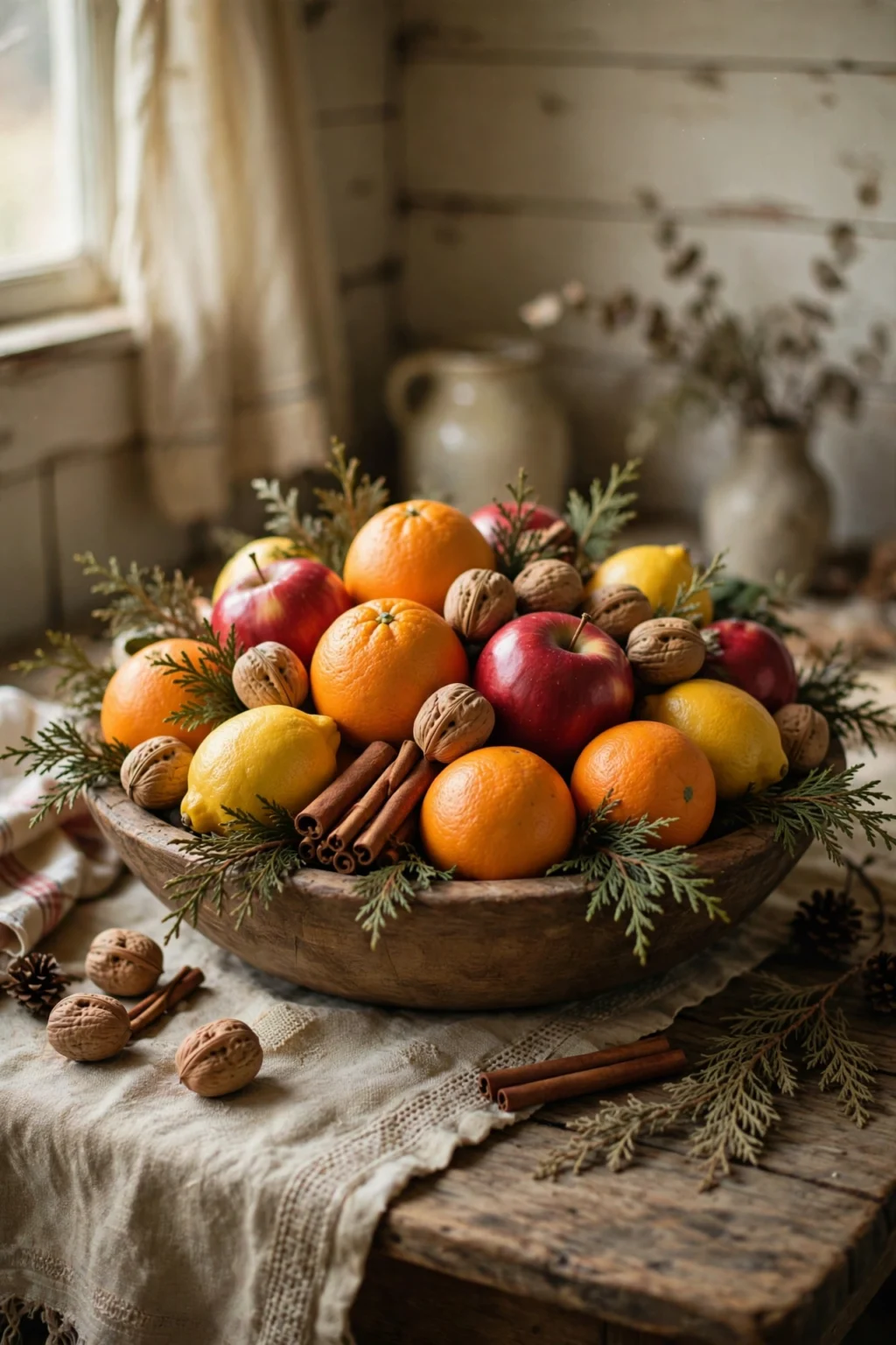 christmas fruit centerpiece bowl oranges apples walnuts