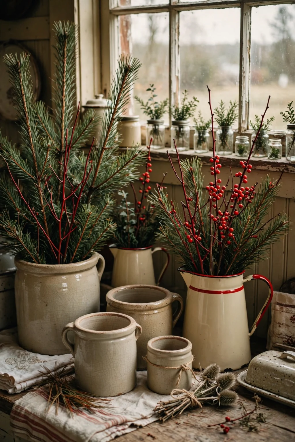 enamelware crock filled with greenery christmas kitchen