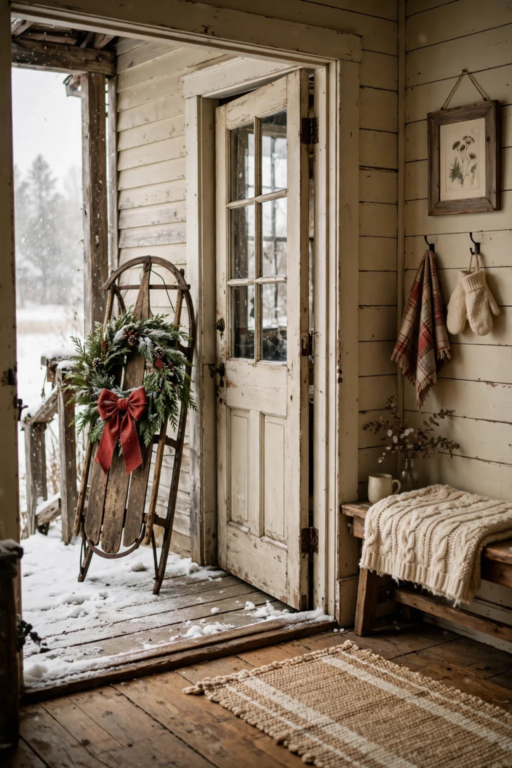 vintage wooden sled porch christmas decoration greenery