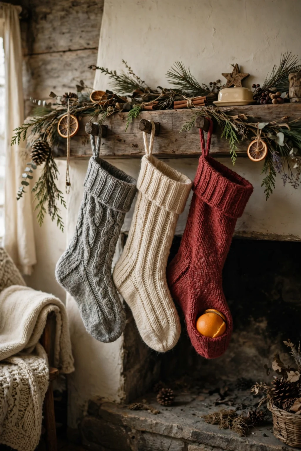 hand knit stockings mantel wool christmas rustic