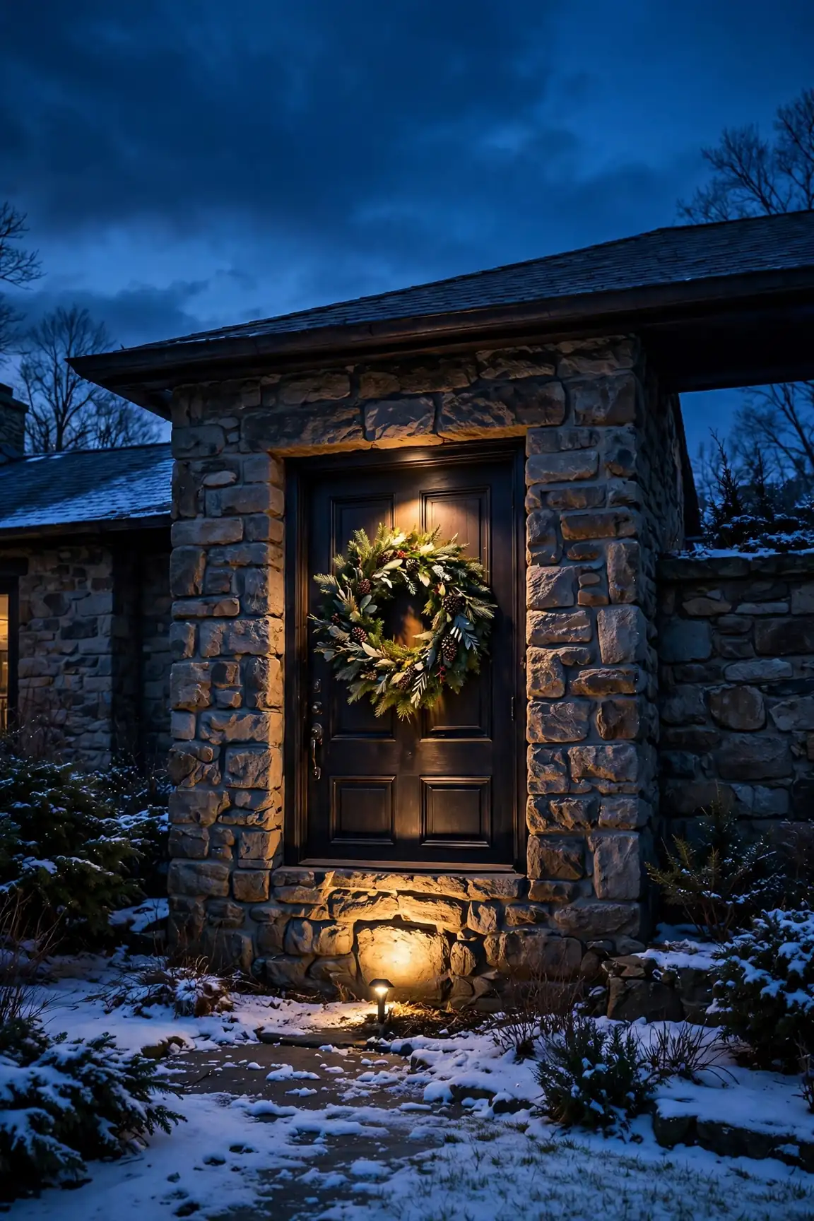 exterior christmas lights spotlight wreath facade
