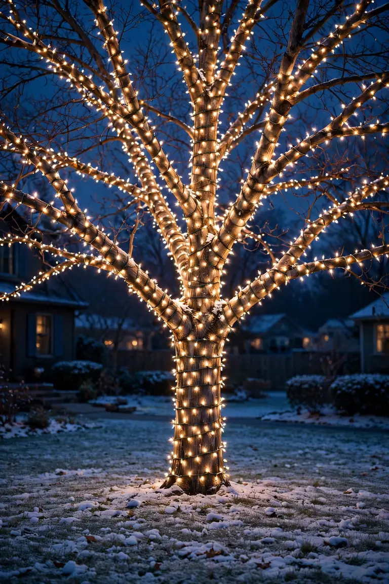 christmas lights wrapped tree trunk branches yard