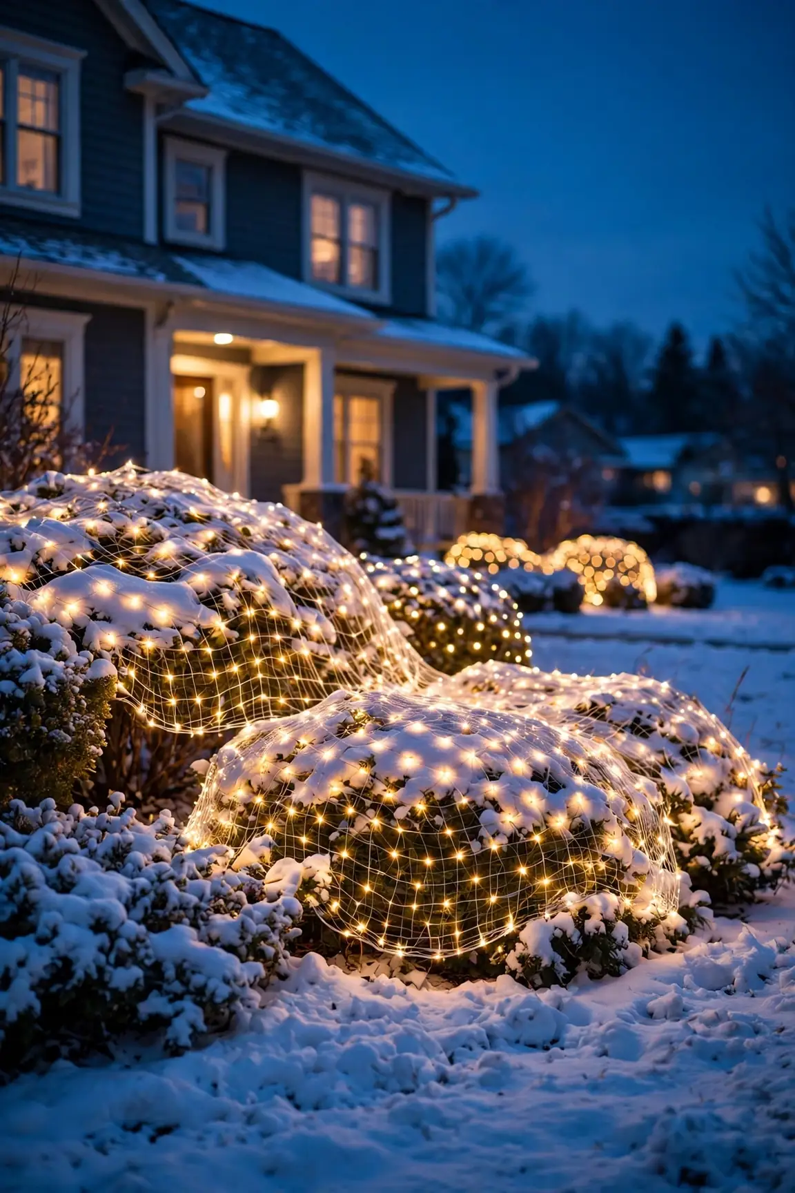 net christmas lights bushes snow blanket