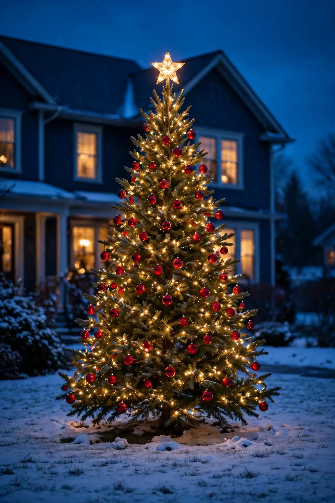 outdoor christmas tree front yard decorated