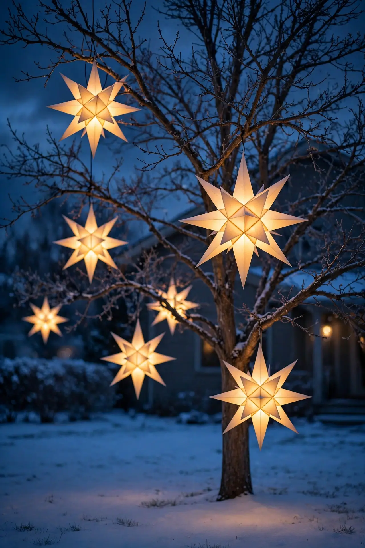 moravian star lights hanging bare tree