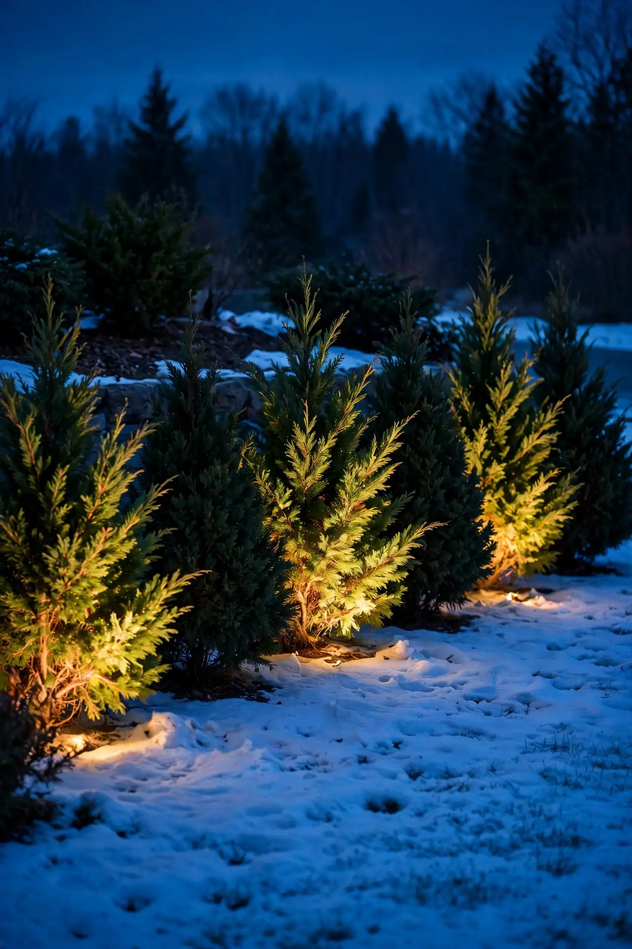 uplighting evergreen trees christmas yard night