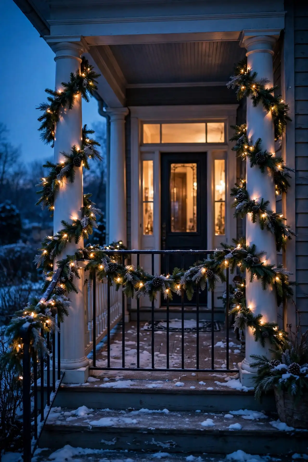 lit garland porch railing columns christmas