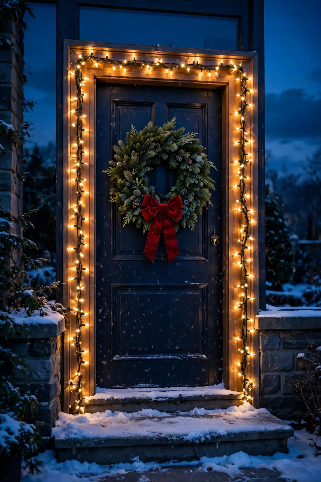 front door frame wrapped christmas lights wreath