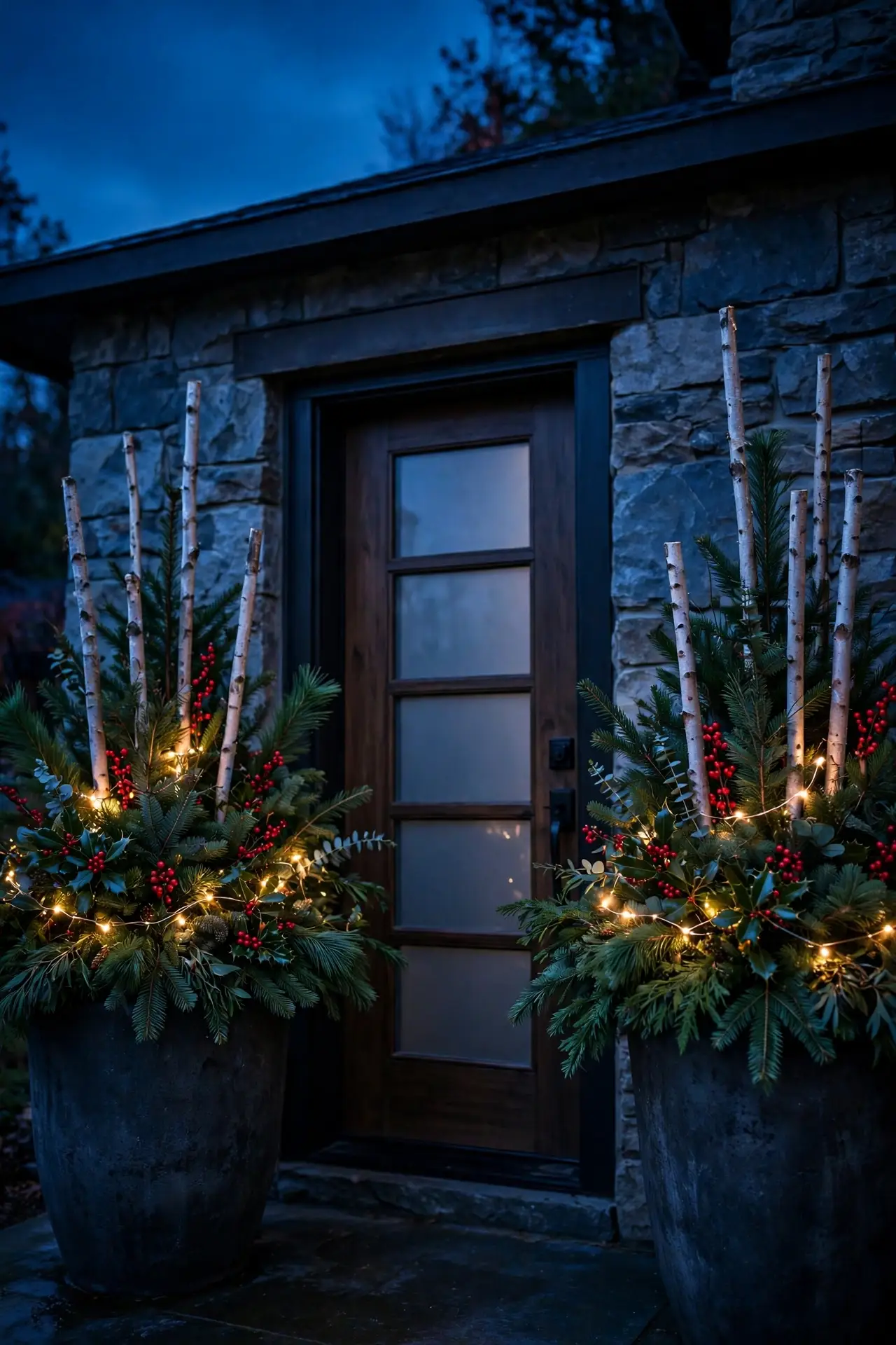 lit christmas planters front door evergreen